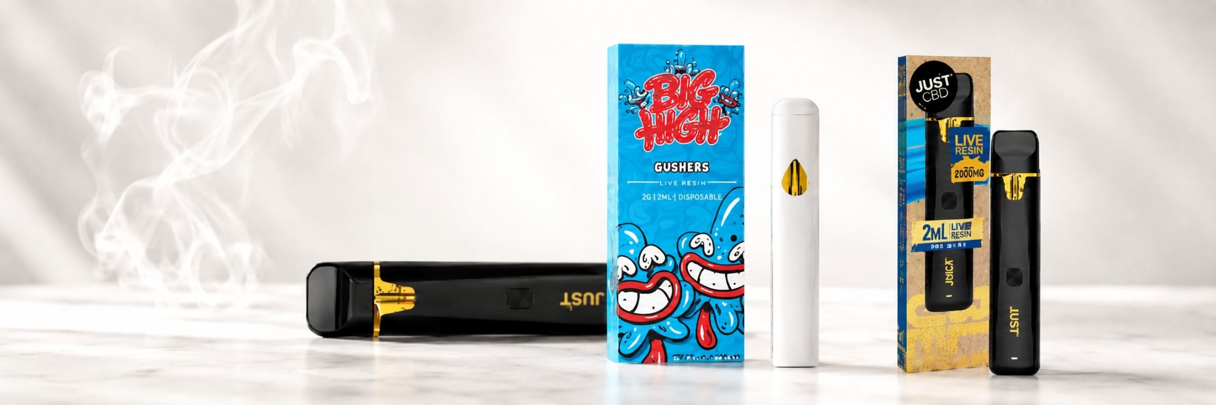 CBD disposable vape collection featuring JustCBD and Big High vape products