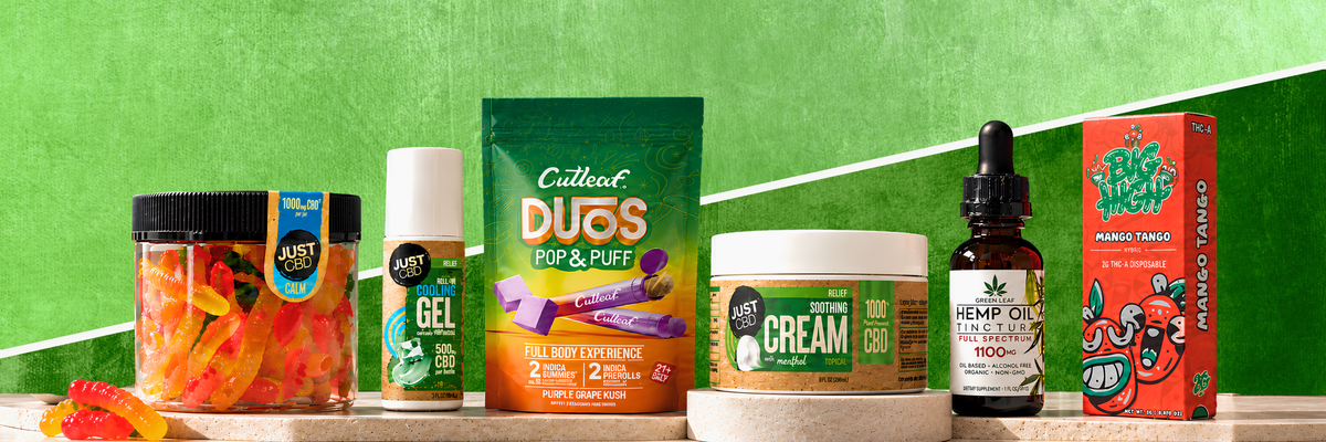 CBD product collection banner featuring gummies, cooling gel, cream, hemp oil tincture, and vape products on a soft green background.